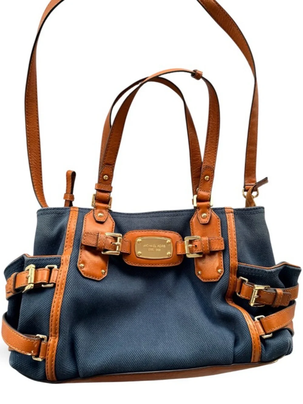 Michael Kors Navy and Brown Leather-Trim canvas doctor’s style Shoulder Bag